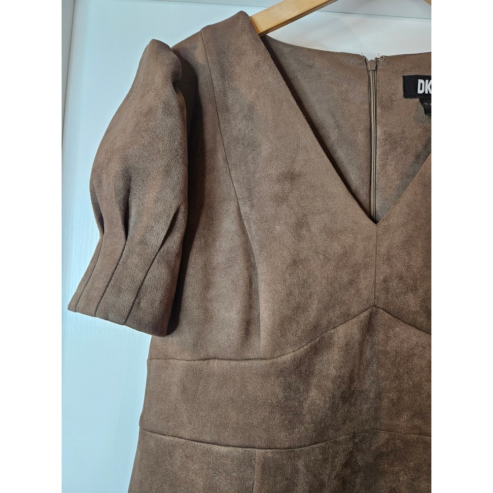 DKNY Brown Faux Suede V-Neck Puff Sleeve Mini Sheath Dress Sz 16 Party Sexy Chic - Picture 4 of 9